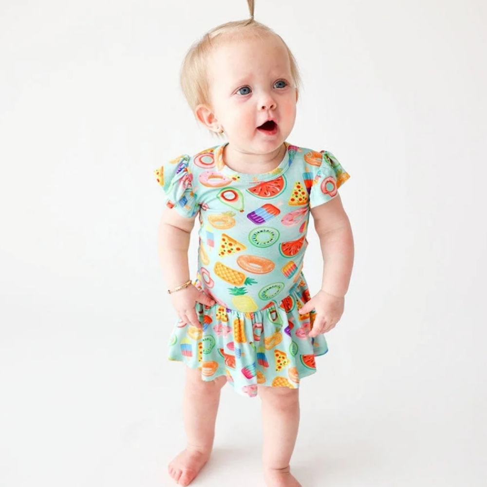 Posh Peanut Food Floatie Fun Swirl Bodysuit Dress Bamboo Ruffle Cap Sleeve 12-18